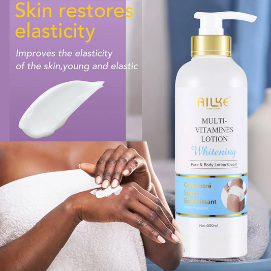 Skin Haven Multi-Vitamin Brightening Body Lotion showing a sleek bottle and fresh, radiant skin in a natural setting.