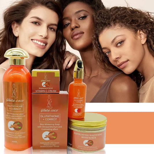 Skin Haven Gluta Master Brightening Skincare Set with bottles and jars, promoting radiant and even skin tone.