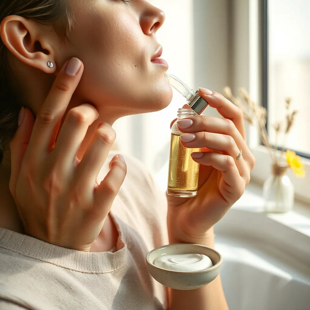 Person applying gentle moisturizer to face and neck with natural skincare products nearby