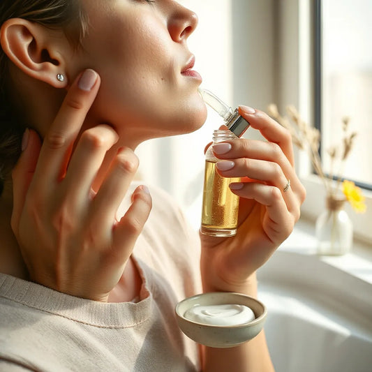 Person applying gentle moisturizer to face and neck with natural skincare products nearby