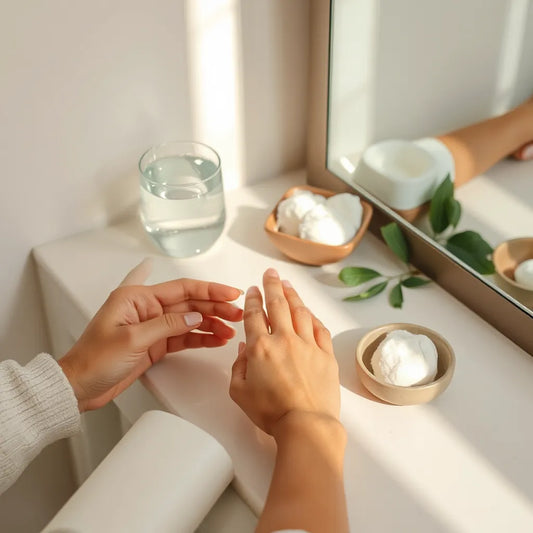 Hands applying moisturizer at a softly lit vanity with cotton pads and water nearby