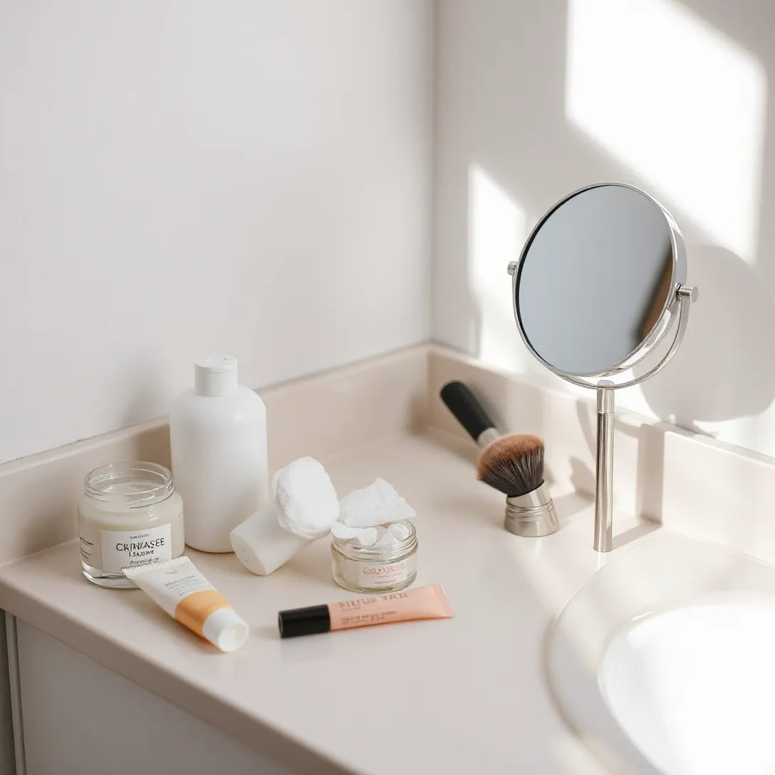 Minimal beauty routine items on a vanity, including skincare products, lip balm, brush, and a small mirror.