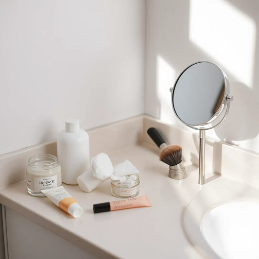 Minimal beauty routine items on a vanity, including skincare products, lip balm, brush, and a small mirror.