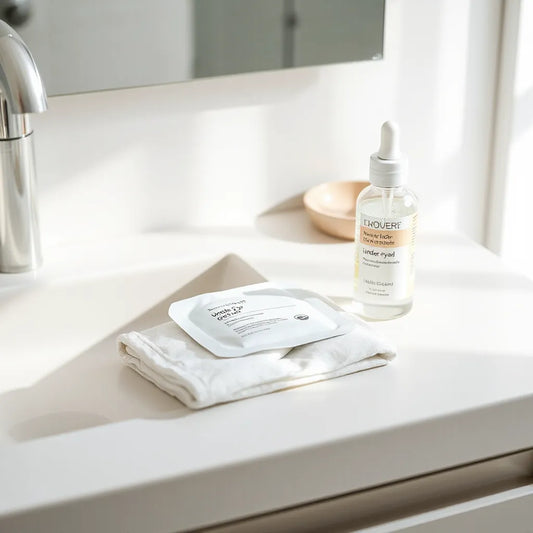 Under-eye hyaluronic acid gel patches and a serum dropper on a clean vanity