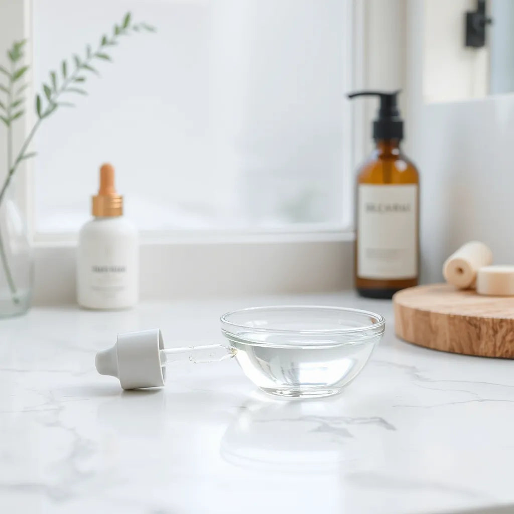 Minimal vanity setup with a matte dropper bottle and clear liquid under soft natural light