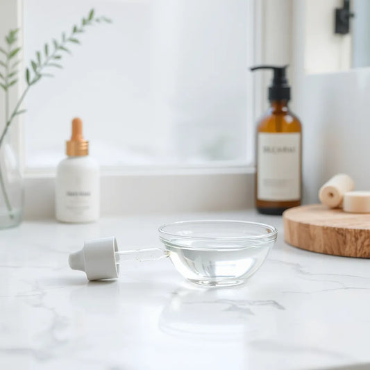 Minimal vanity setup with a matte dropper bottle and clear liquid under soft natural light