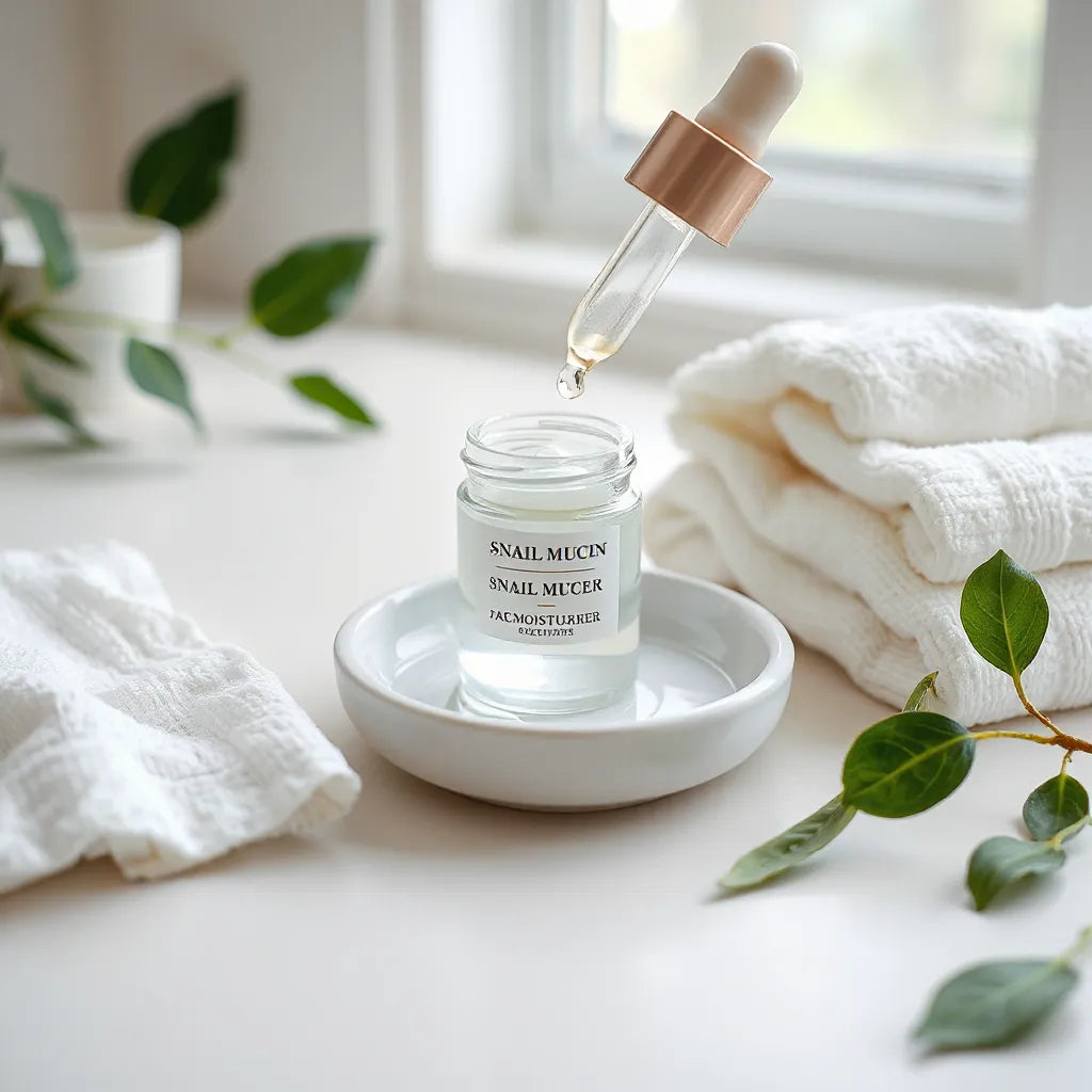 A jar of snail mucin face moisturizer with a dropper dispensing clear gel beside a few leaves