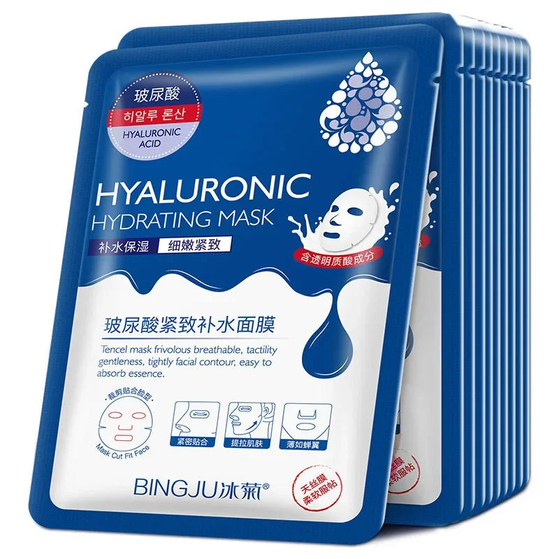 Set of 10 Skin Haven Radiant Glow Face Masks with hyaluronic acid for hydrating, moisturizing, and pore-shrinking skincare.