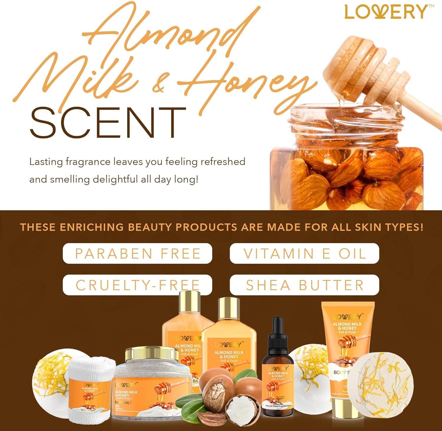 Almond Milk & Honey Spa Gift Basket for Women, 10 Pc Set