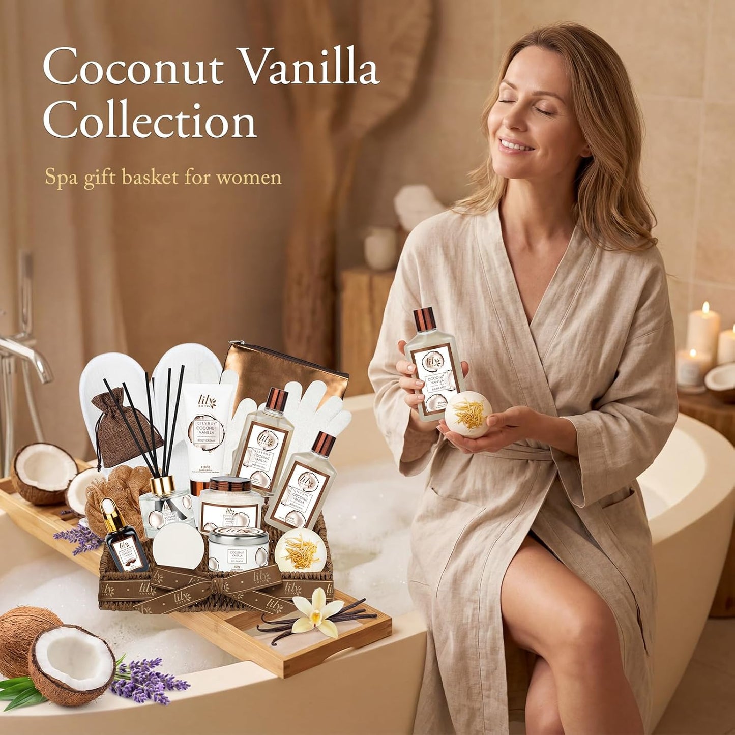 Coconut Vanilla Spa Gift Basket – 17-Piece Bath Set