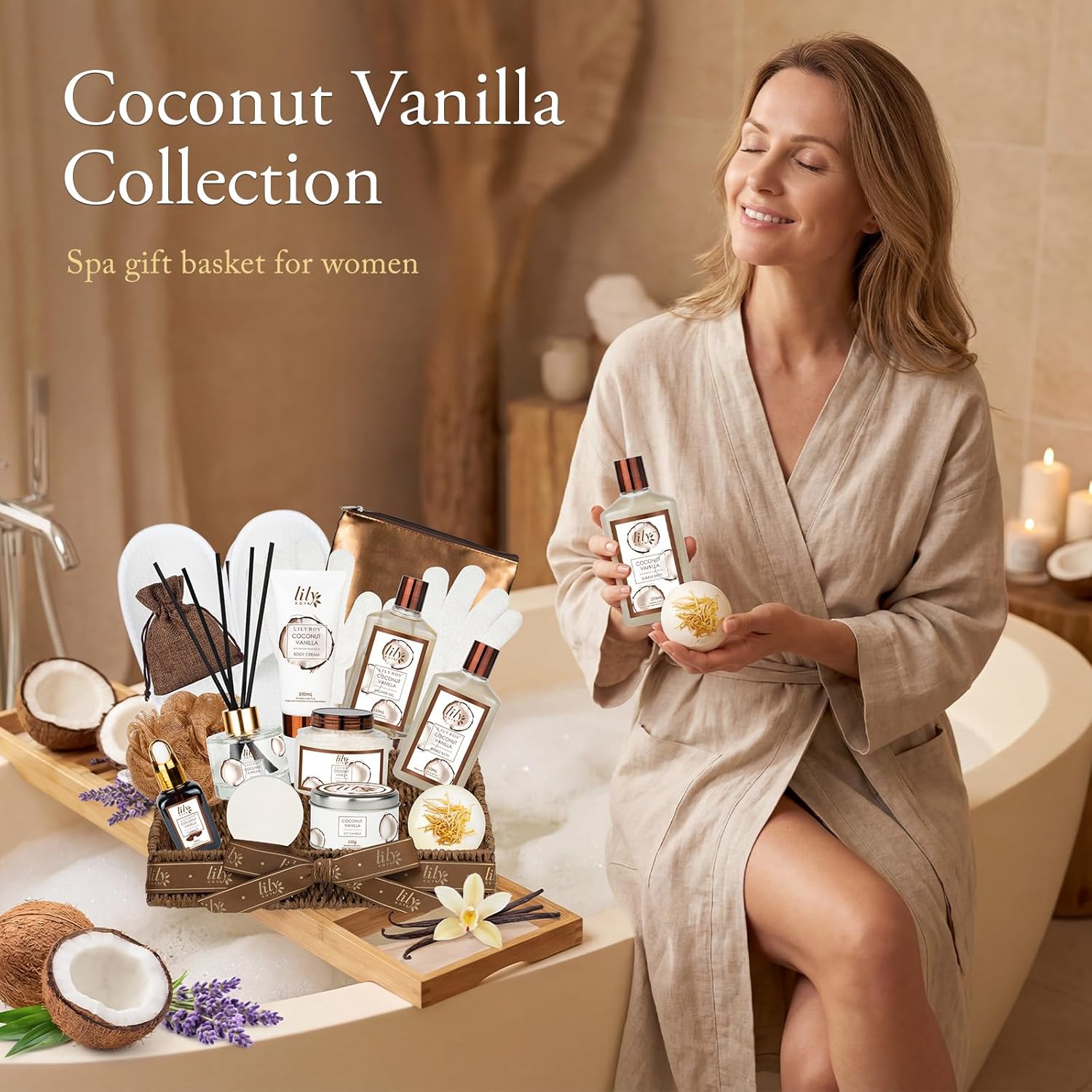 Coconut Vanilla Spa Gift Basket – 17-Piece Bath Set