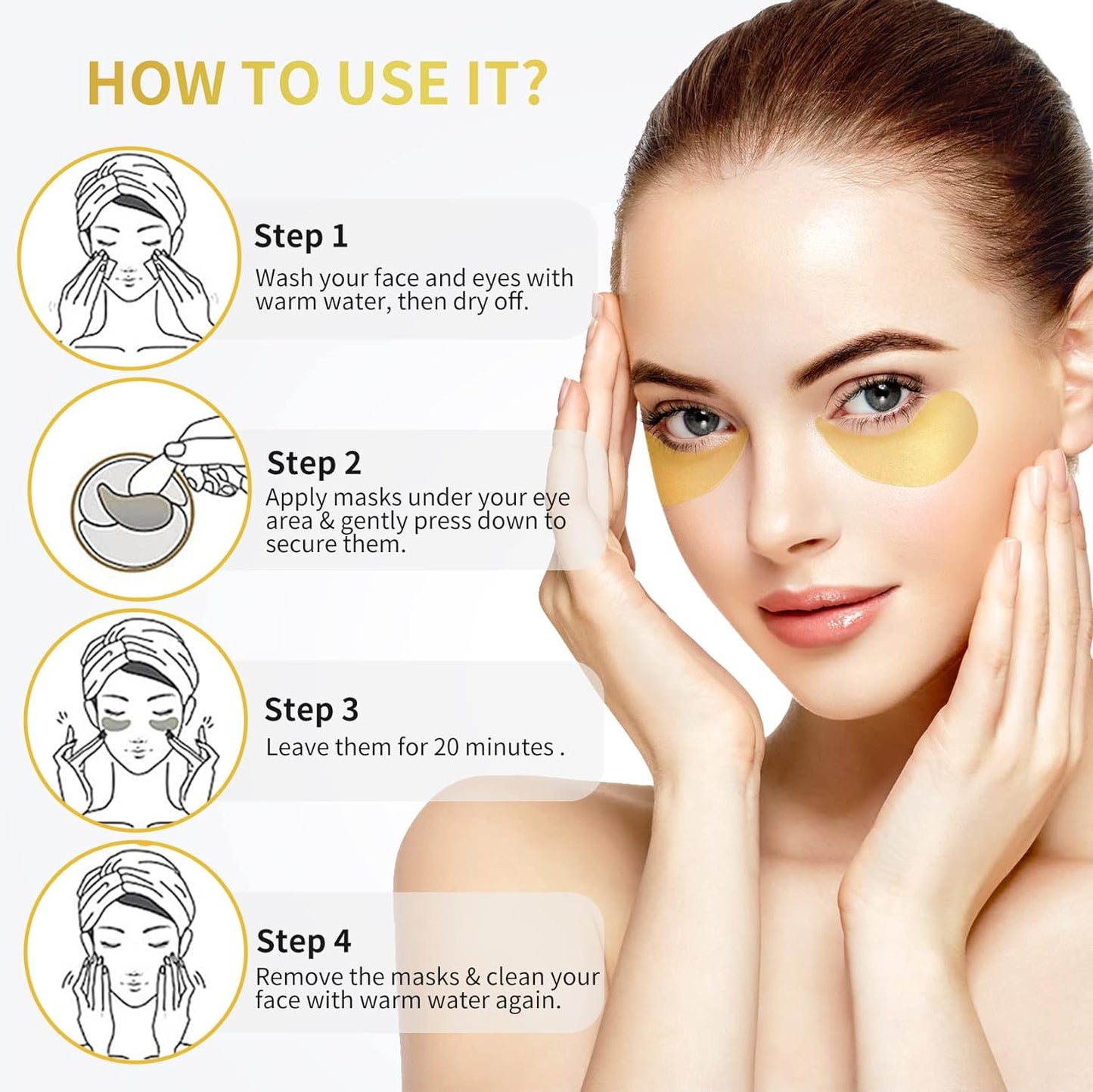 24K Gold Under Eye Patches with Hyaluronic Acid, 60-Count