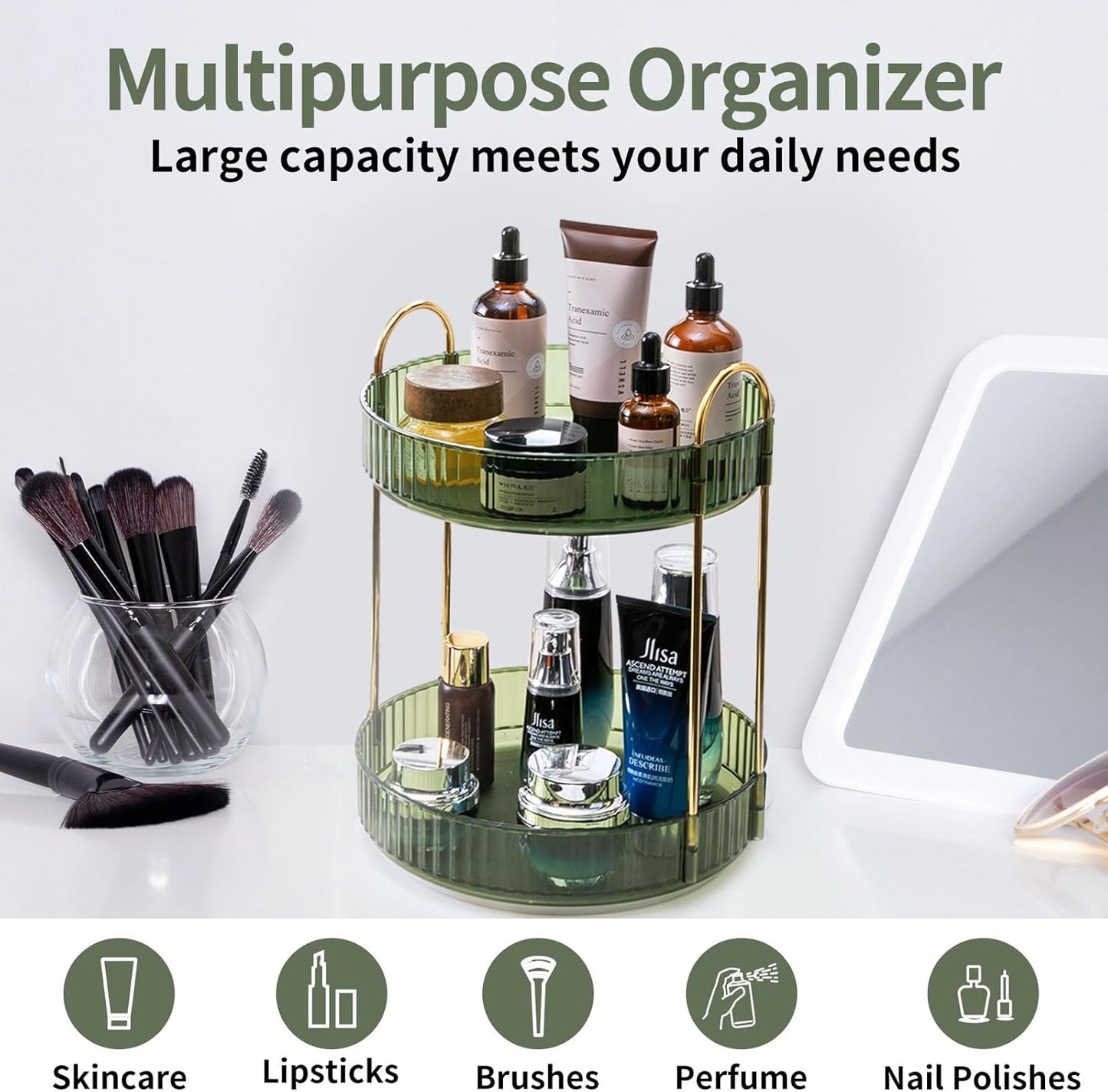 360° Rotating Makeup Organizer for Vanity – 2-Tier Large Capacity