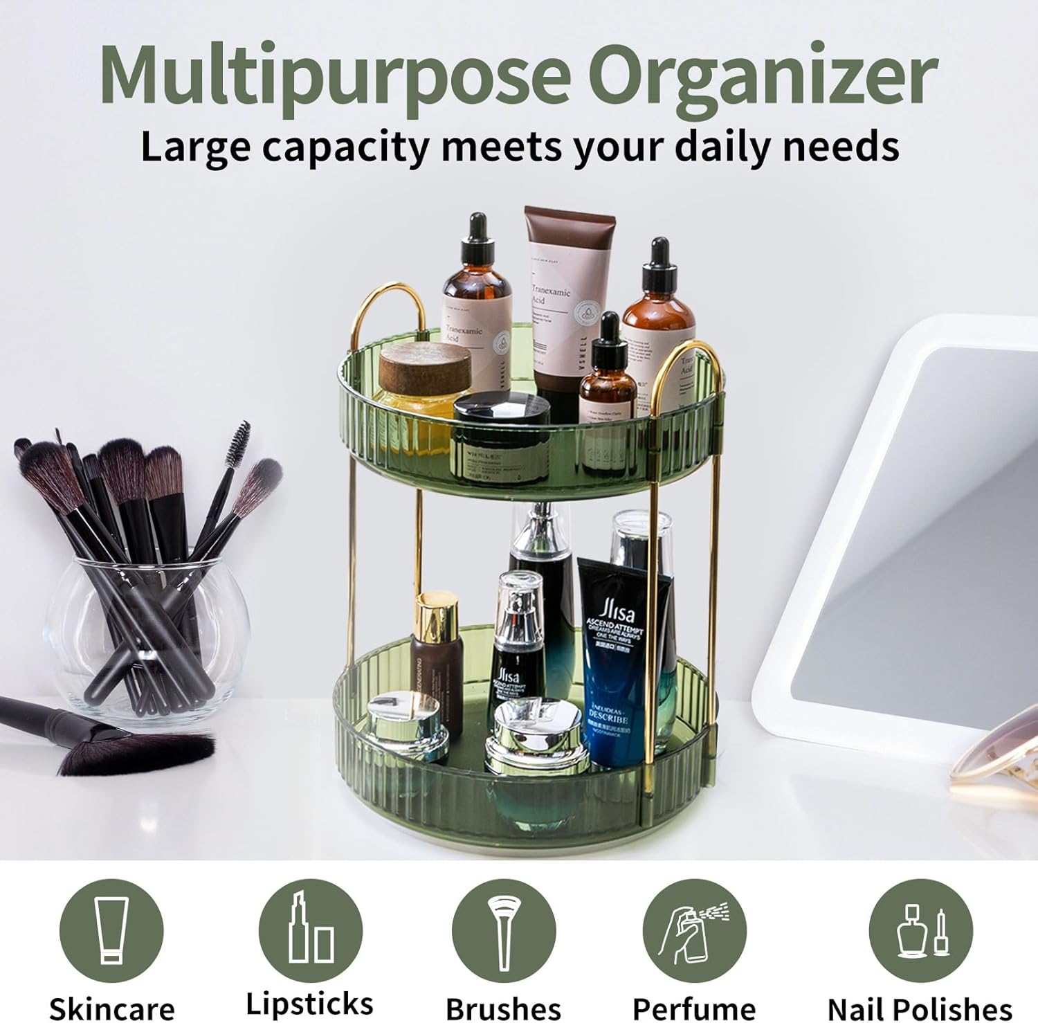 360° Rotating Makeup Organizer for Vanity – 2-Tier Large Capacity