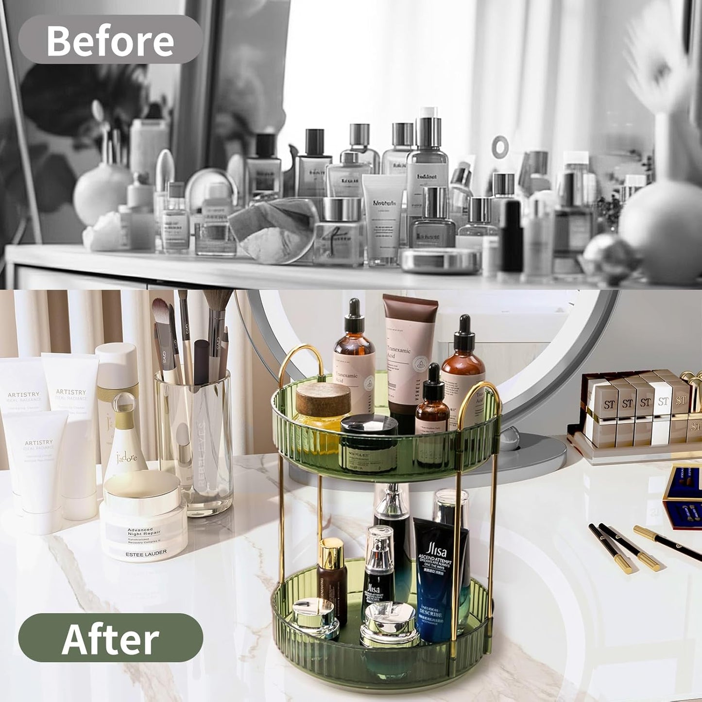 360° Rotating Makeup Organizer for Vanity – 2-Tier Large Capacity