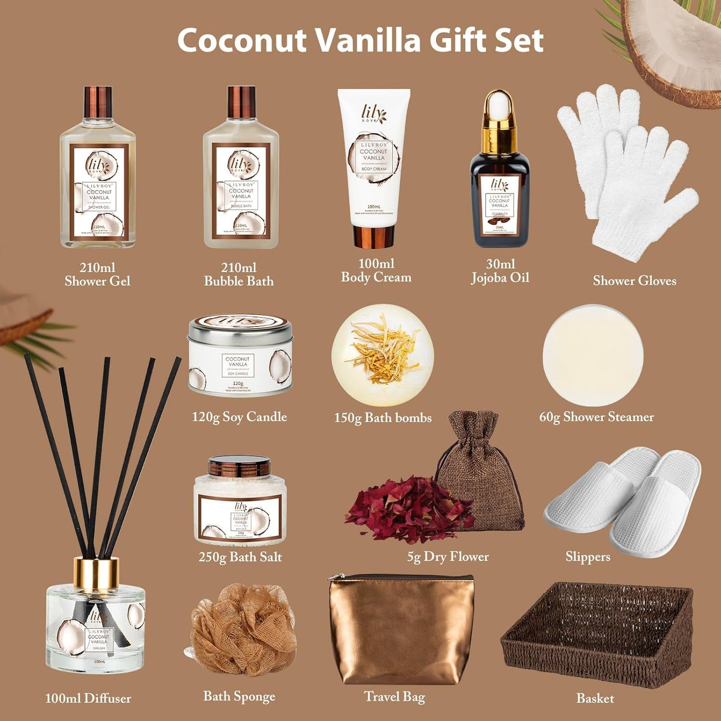 Coconut Vanilla Spa Gift Basket – 17-Piece Bath Set