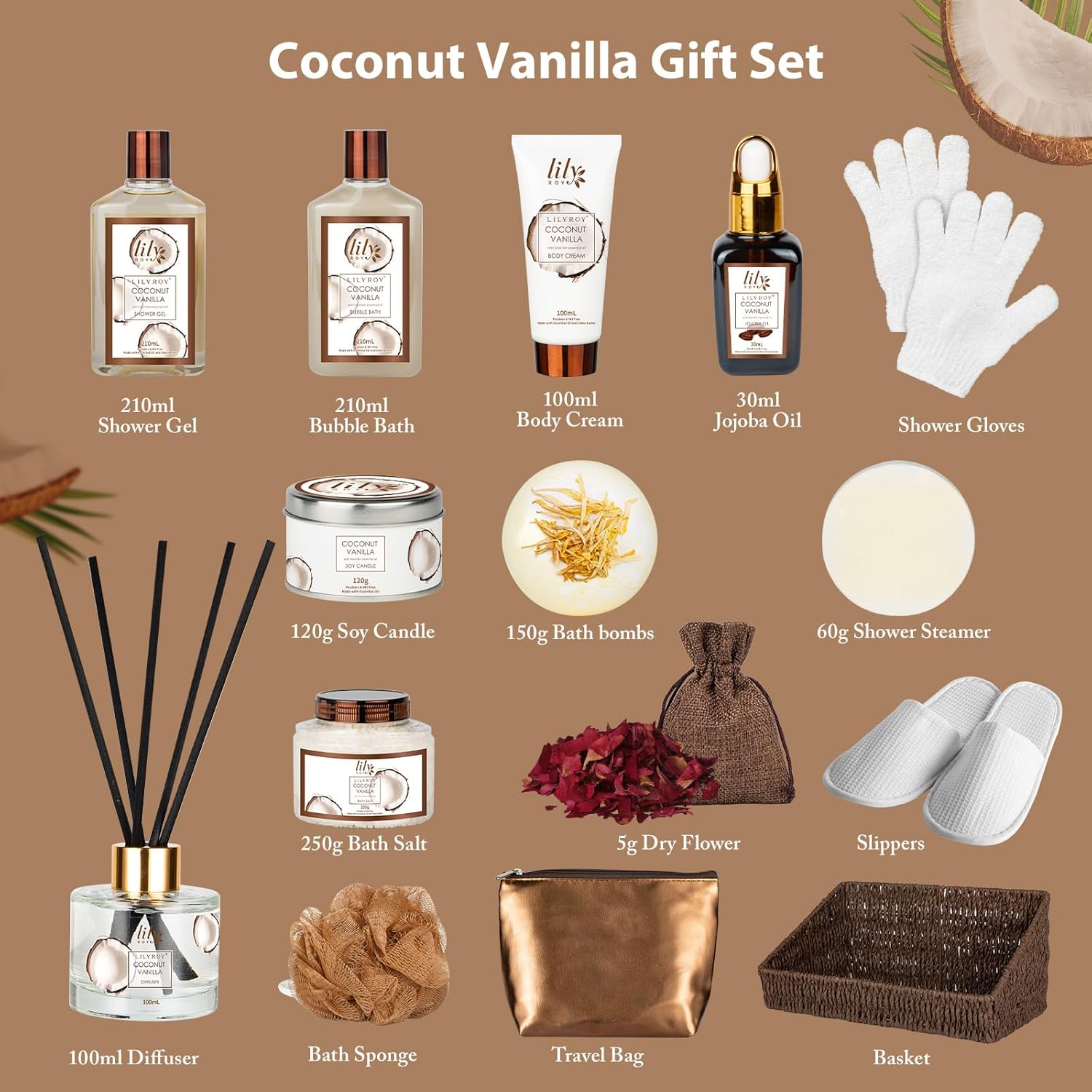 Coconut Vanilla Spa Gift Basket – 17-Piece Bath Set