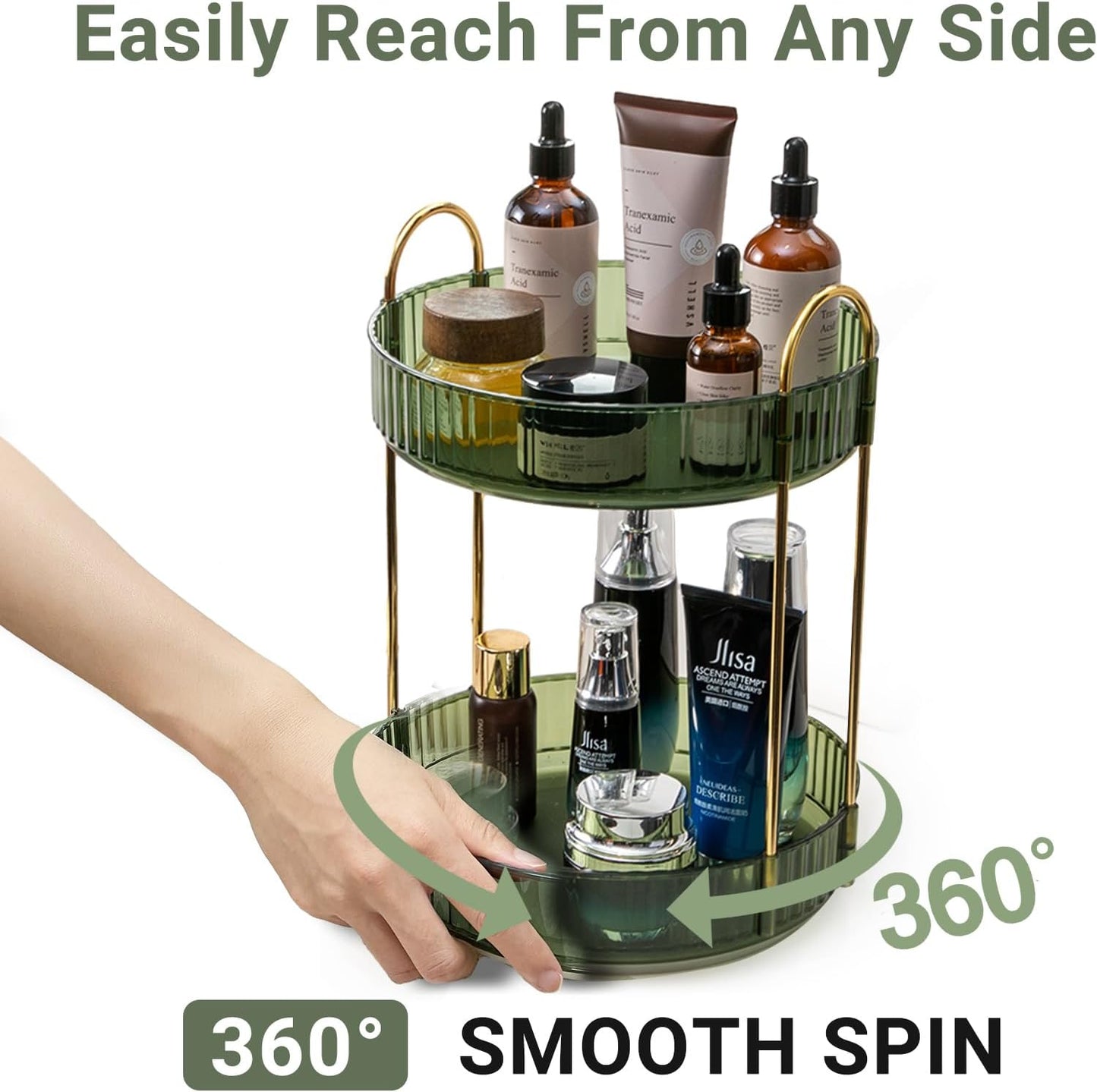 360° Rotating Makeup Organizer for Vanity – 2-Tier Large Capacity