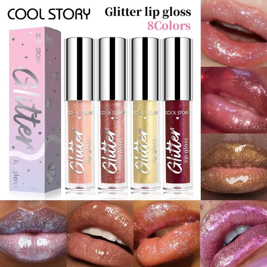 Skin Haven shimmering pearl lip gloss in 8 colors with high shine, glitter, and moisturizing formula for a sparkling, long-lasting look.