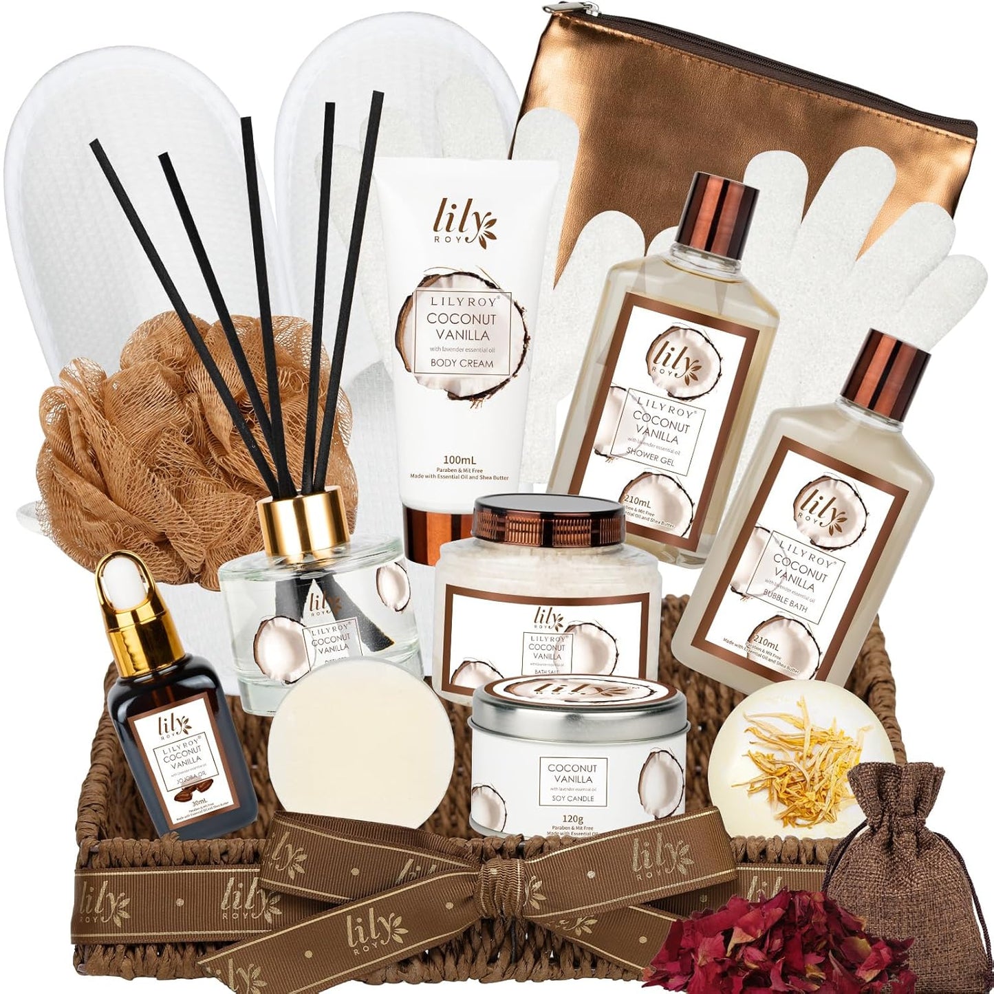 Coconut Vanilla Spa Gift Basket – 17-Piece Bath Set