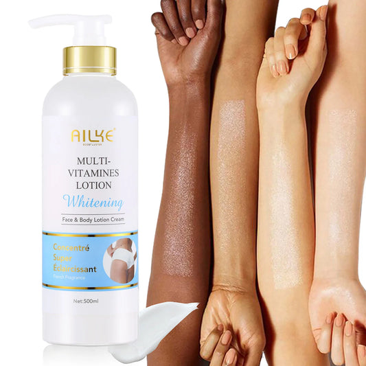 Skin Haven Multi-Vitamin Brightening Body Lotion bottle, showcasing smooth, moisturized skin with a vibrant, radiant glow.