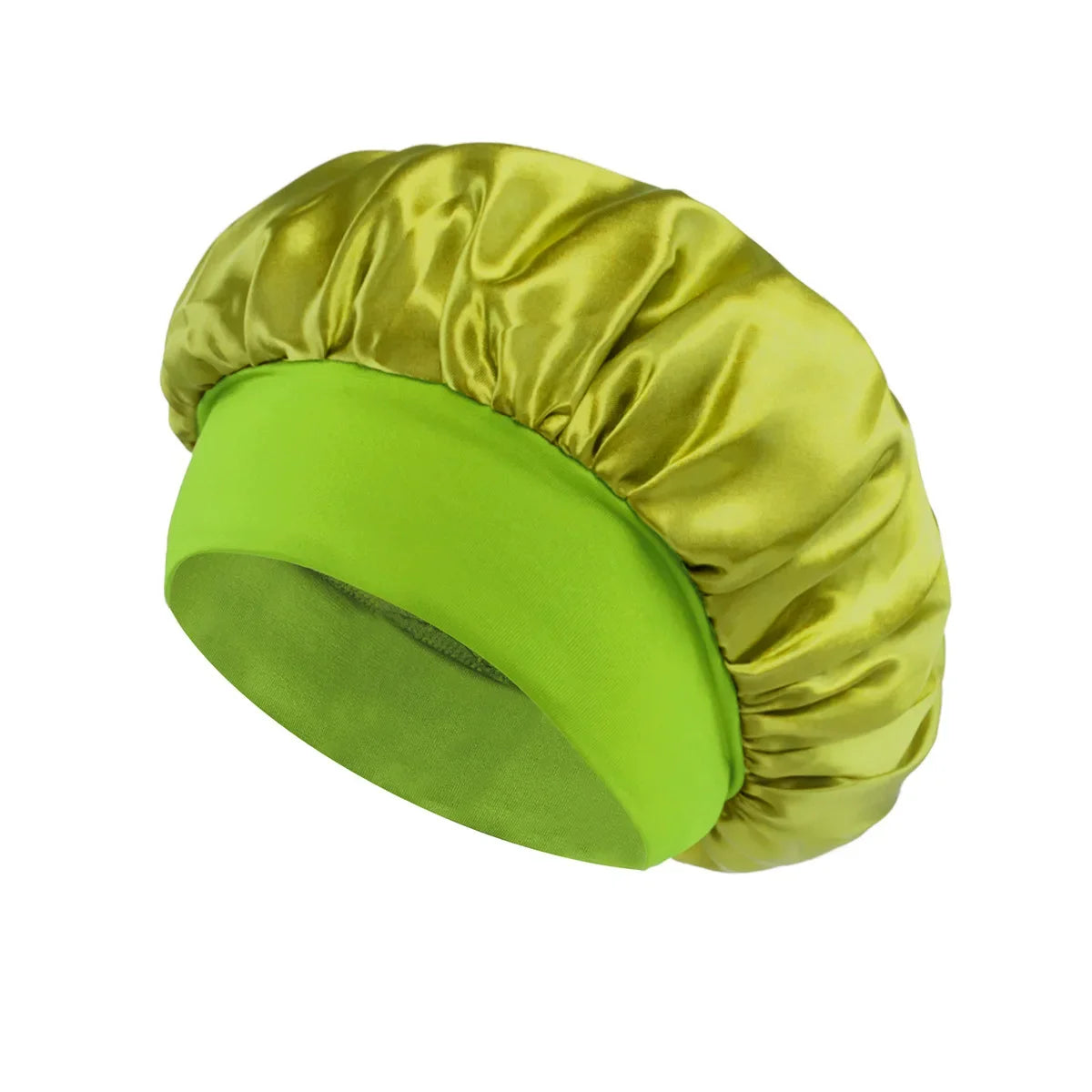 Skin Haven satin sleep bonnet with wide brim and elastic band, designed for comfortable hair protection during sleep.