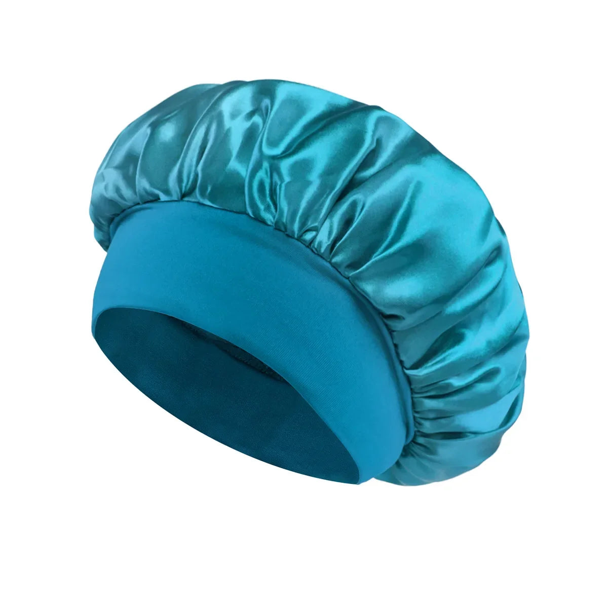 Skin Haven satin sleep bonnet with wide brim and elastic band, designed for comfortable hair care and protection during sleep.