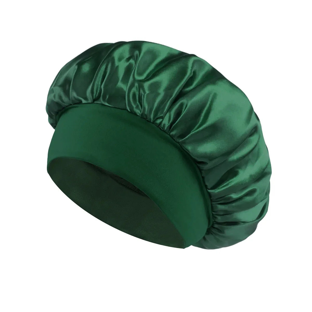 Skin Haven satin sleep bonnet with wide brim and elastic band, designed for gentle hair protection during sleep.