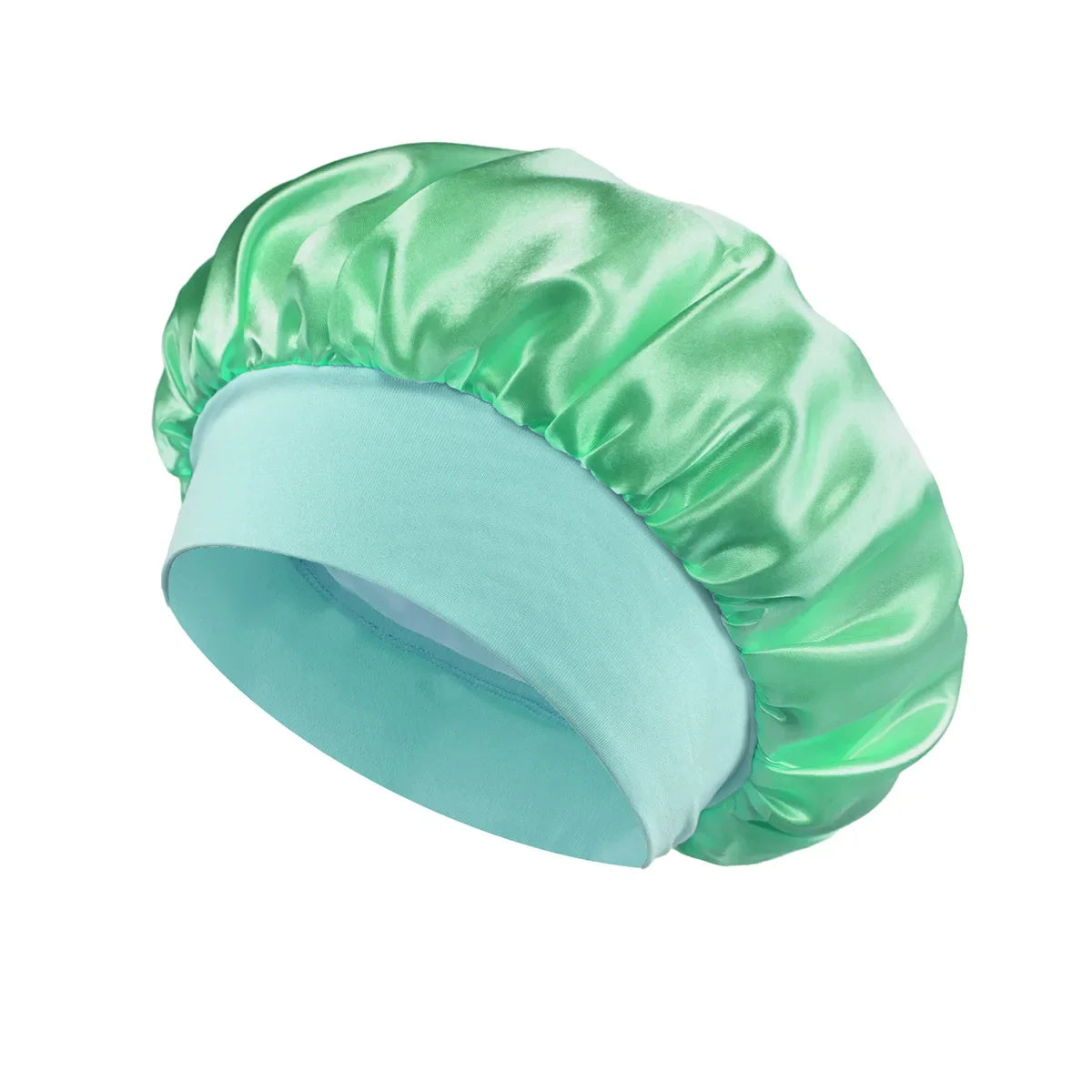 Skin Haven satin sleep bonnet with wide brim and elastic band, designed for gentle hair care and comfortable sleeping.