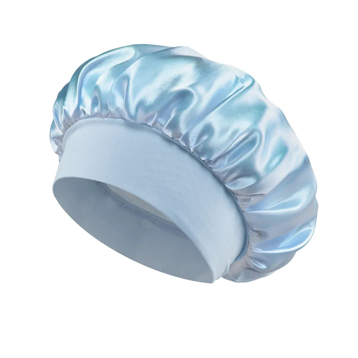 Skin Haven satin sleep bonnet with wide brim and elastic band, designed for comfortable hair protection during sleep.