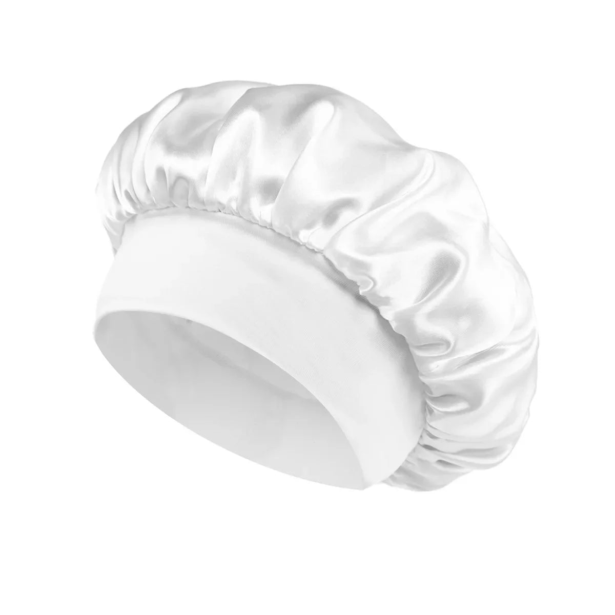 Skin Haven satin sleep bonnet with wide brim and elastic band, designed to protect hair during sleep.