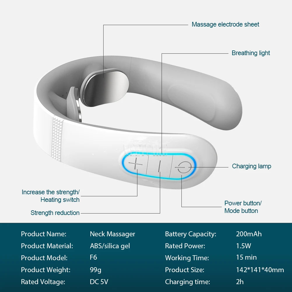 Skin Haven Electric EMS Pulse Neck Massager showing a compact device with adjustable straps and electrode pads for neck relaxation.