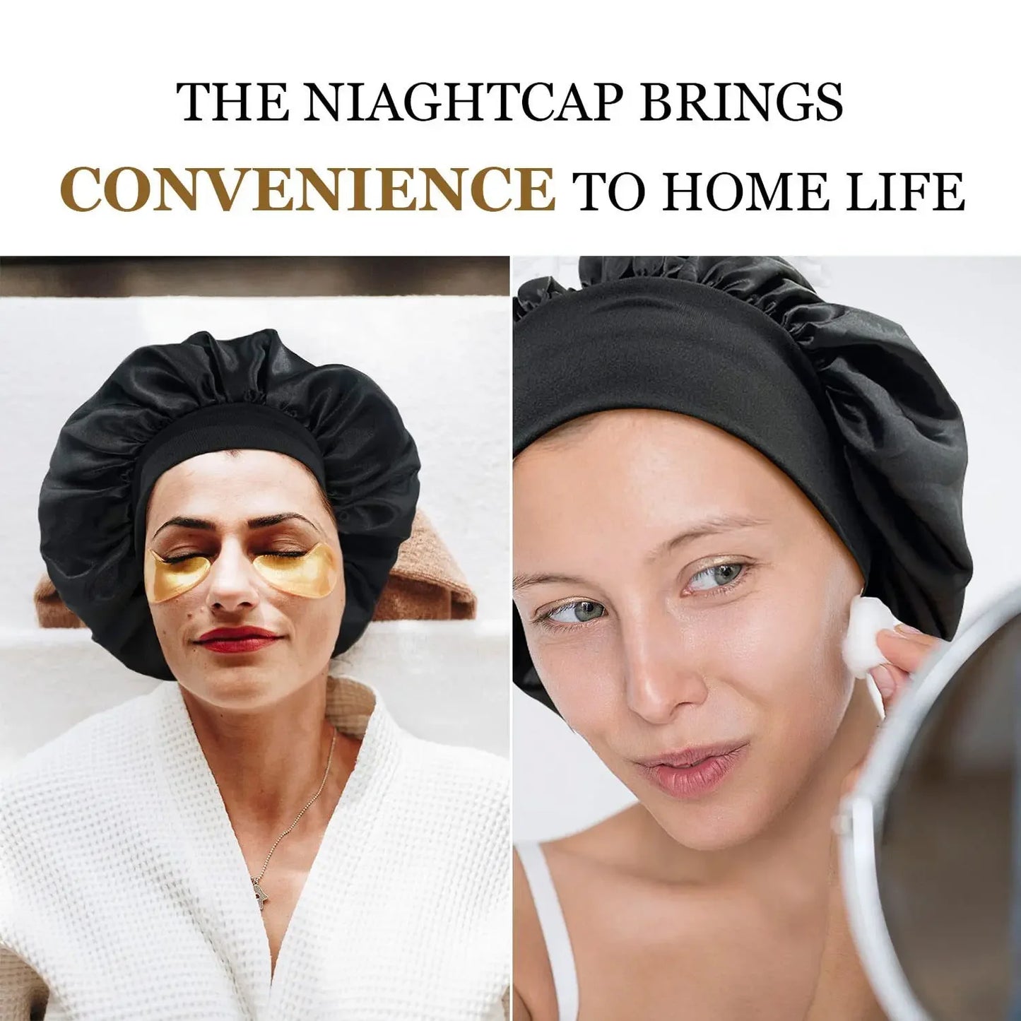 Skin Haven Satin Sleep Bonnet with wide brim and elastic band, designed for hair care and protection during sleep.