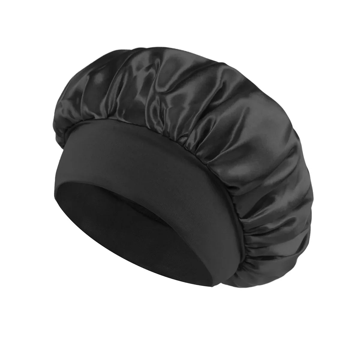Skin Haven satin sleep bonnet with wide brim and elastic band, designed for protecting hair during sleep.