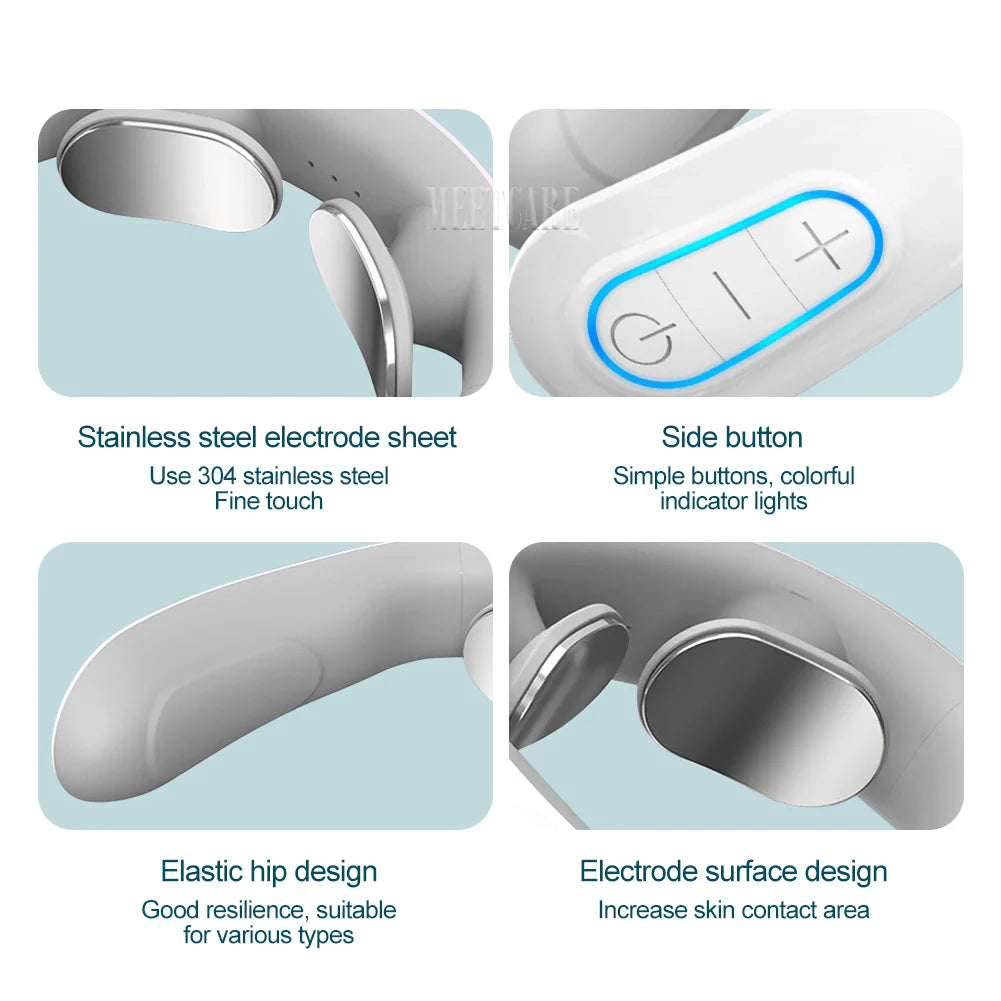 Skin Haven Electric EMS Pulse Neck Massager showing a sleek black device with adjustable straps for muscle relief.