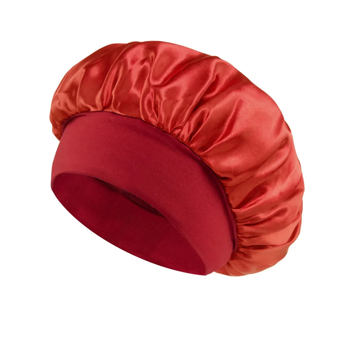Skin Haven satin sleep bonnet with wide brim and elastic band, designed for hair protection and comfort during sleep