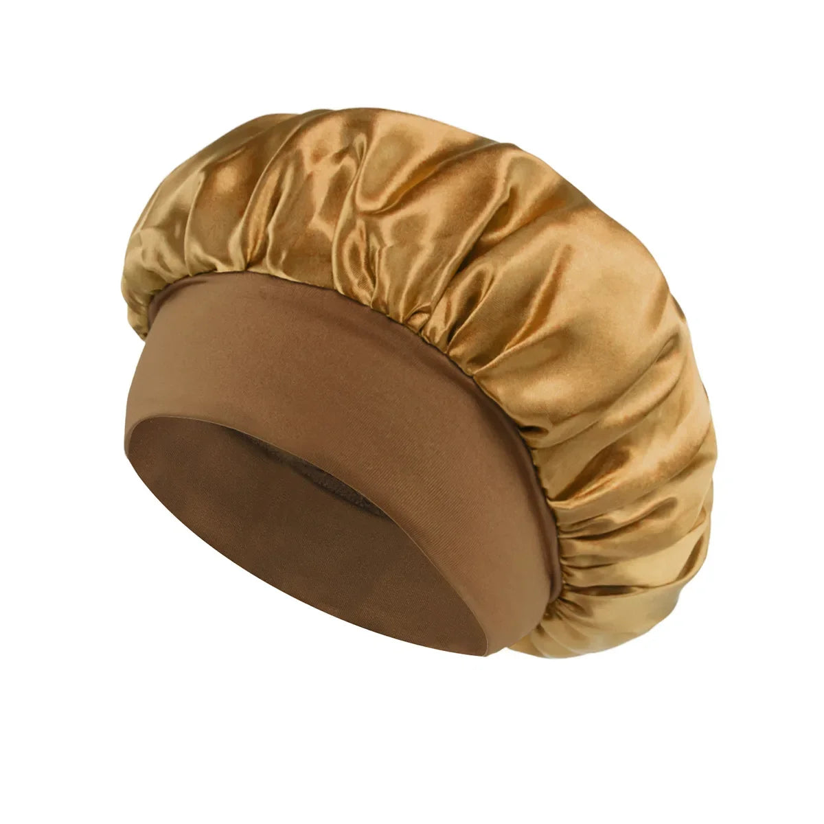 Skin Haven satin sleep bonnet with wide brim and elastic band, designed for gentle hair care and comfort during sleep.