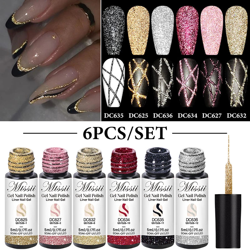 Reflective Glitter Liner Gel Nail Polish Painting Set