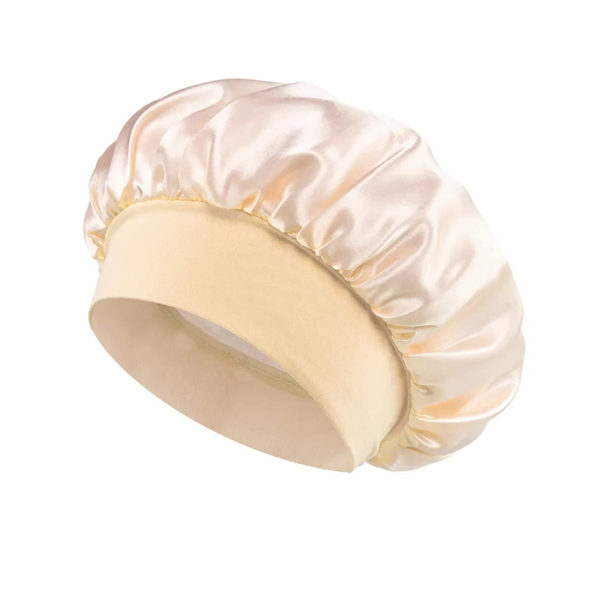 Skin Haven satin sleep bonnet with wide brim and elastic band, designed for hair care and protection during sleep.