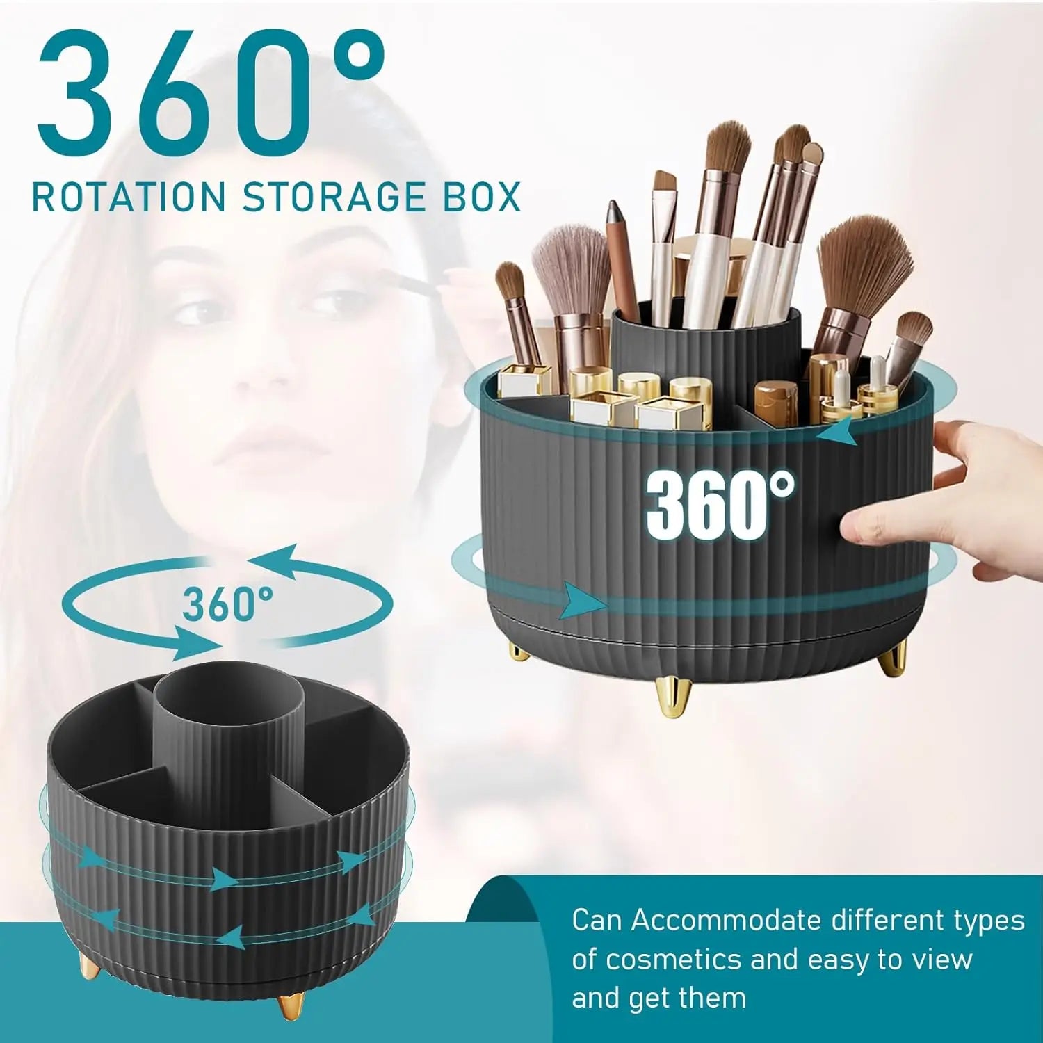 360° Rotating Makeup Brush Organizer With 5 Compartments