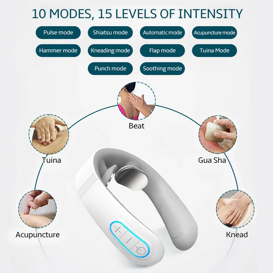 Electric EMS Pulse Neck Massager from Skin Haven, showing the compact device with adjustable straps on a person's neck for wellness relief.