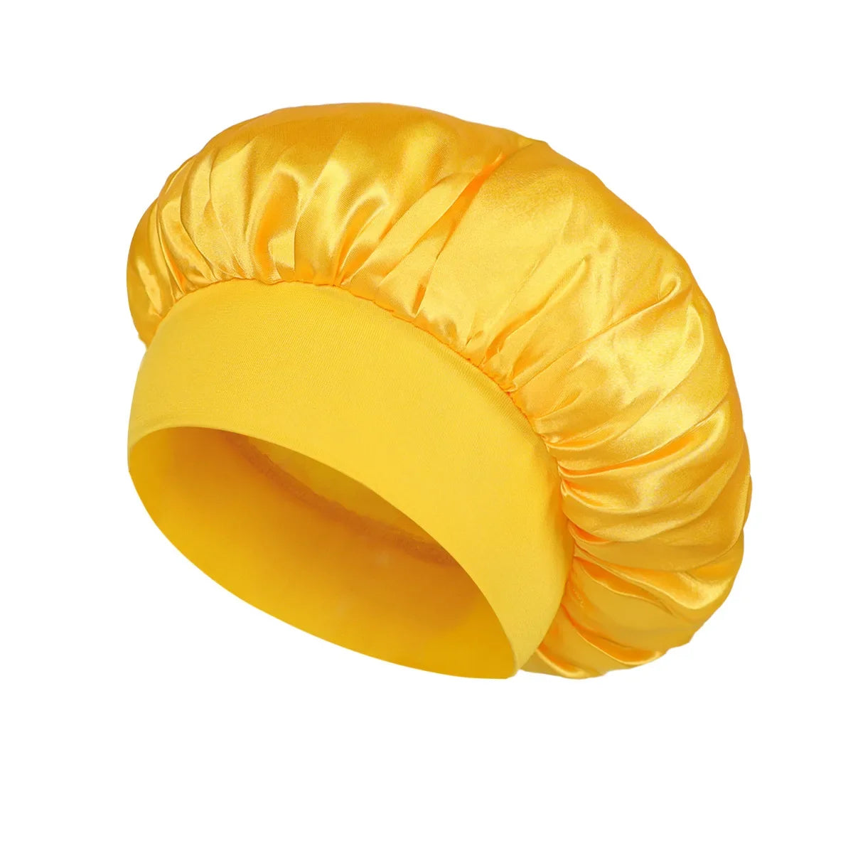 Skin Haven Satin Sleep Bonnet with wide brim and elastic band, designed for comfortable hair care and protection during sleep.