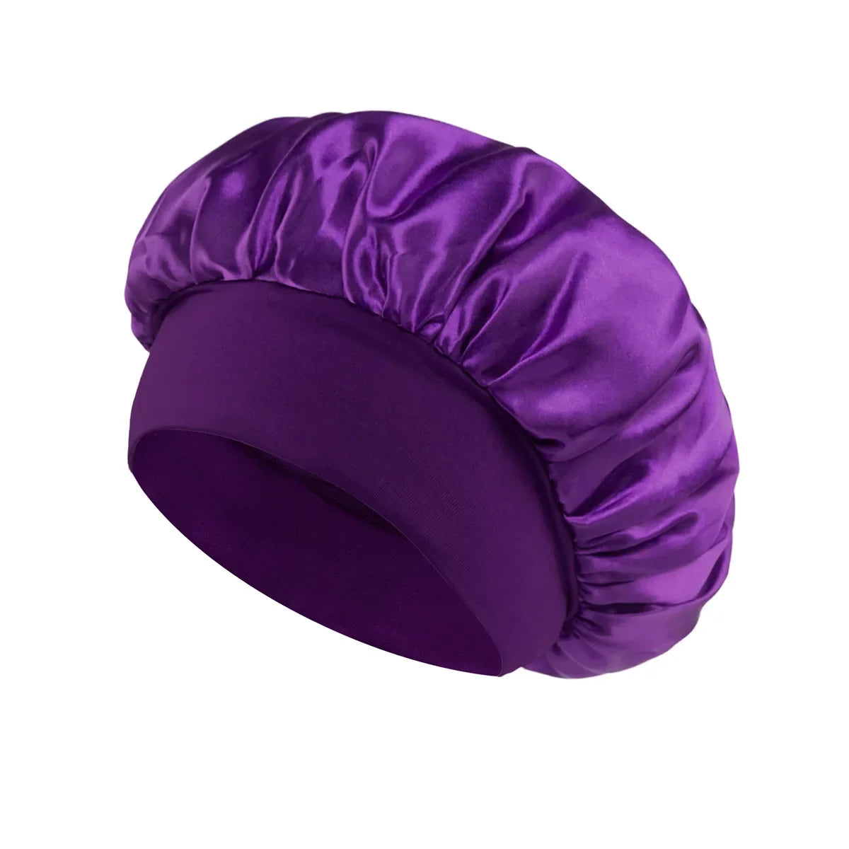 Skin Haven satin sleep bonnet with wide brim and elastic band, designed for hair protection and comfort during sleep.
