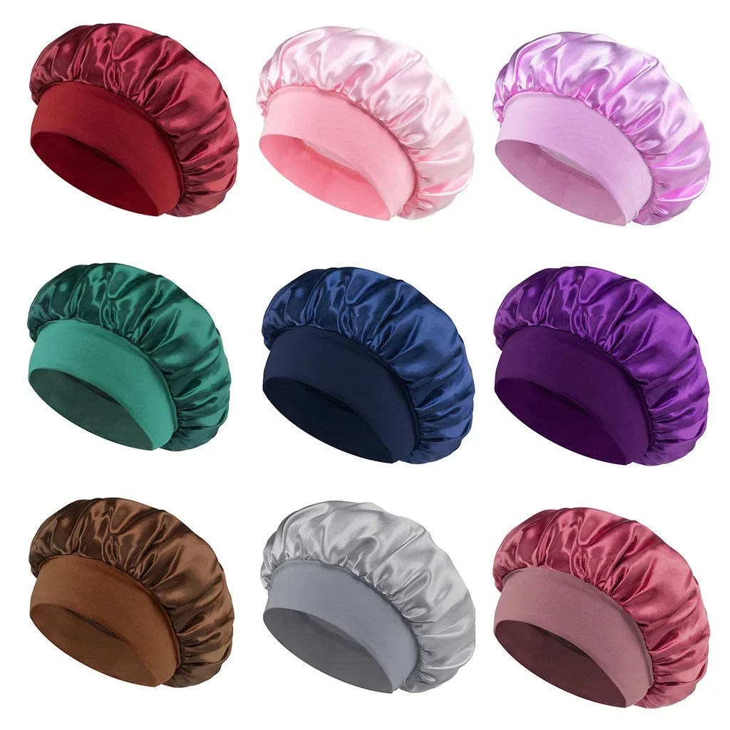 Skin Haven satin sleep bonnet with wide brim and elastic band, designed for gentle hair care and comfortable overnight wear.