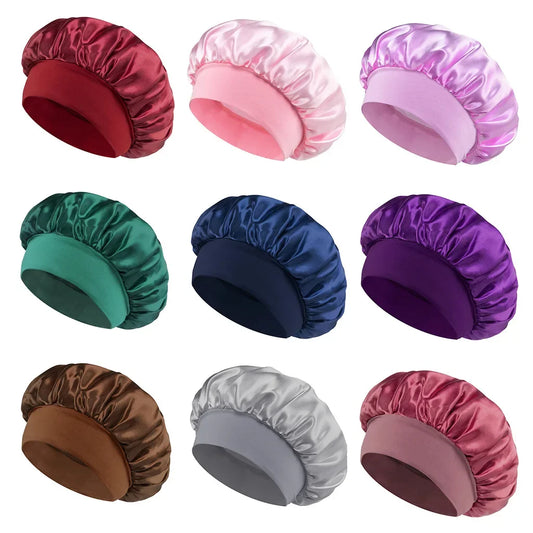 Skin Haven satin sleep bonnet with wide brim and elastic band, designed for gentle hair care and comfortable overnight wear.