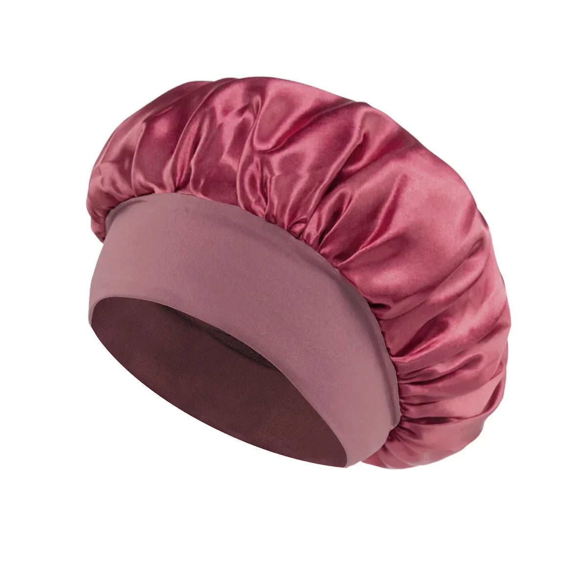 Skin Haven satin sleep bonnet with wide brim and elastic band, designed for gentle hair care and nighttime comfort.