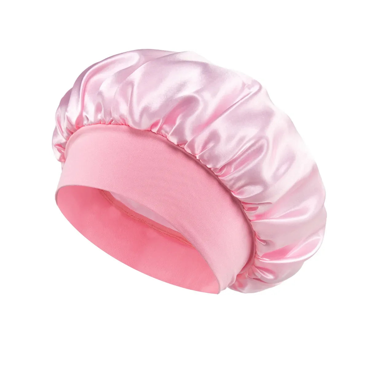 Skin Haven satin sleep bonnet with wide brim and elastic band, designed for hair care and protection during sleep.