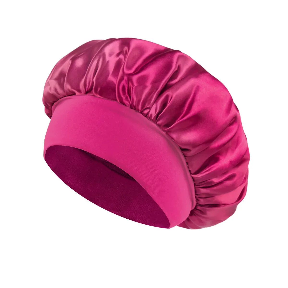 Skin Haven satin sleep bonnet with wide brim and elastic band, designed for gentle hair care and nighttime protection.
