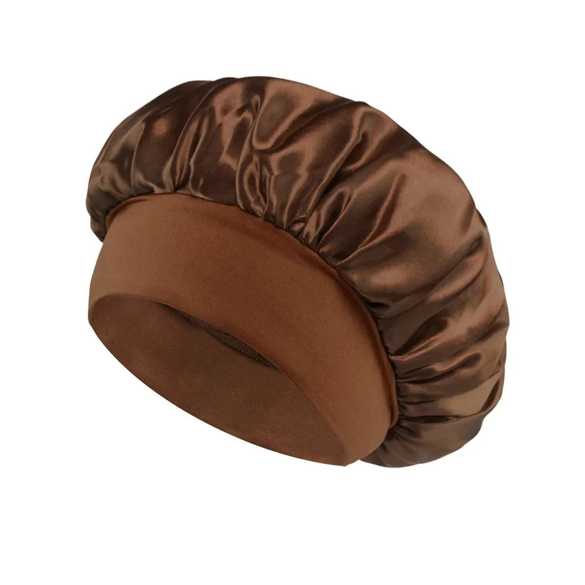 Skin Haven satin sleep bonnet with wide brim and elastic band, designed to protect hair during sleep and prevent frizz.