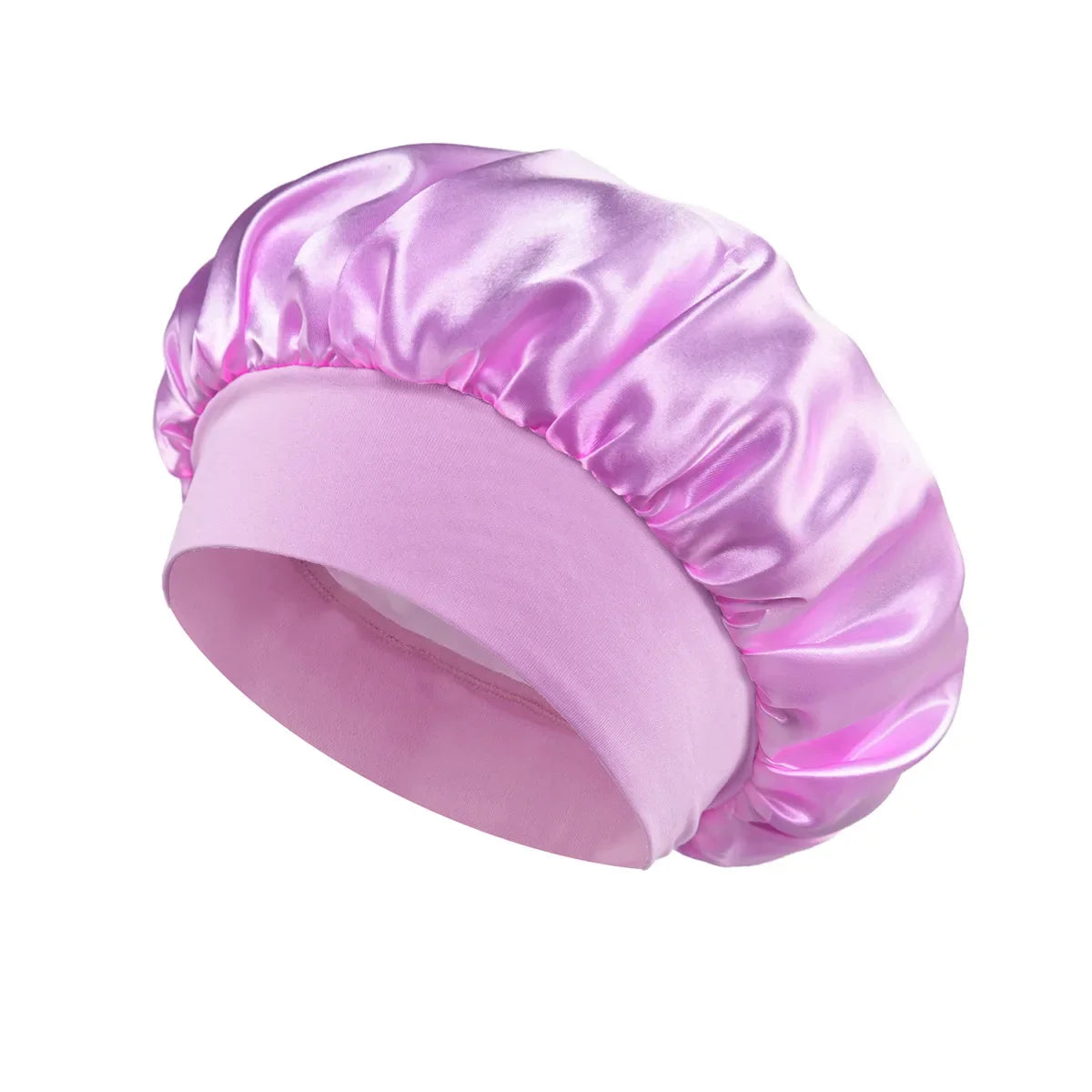 Skin Haven satin sleep bonnet with wide brim and elastic band, designed for protecting hair during sleep.
